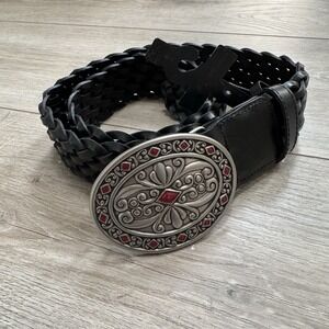 NWT Valerie Steven's Black Braided Bonded Leather Belt Silver Tone Buckle Sz S/M